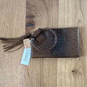 Brown Faux Ostrich Wristlet with Tassel